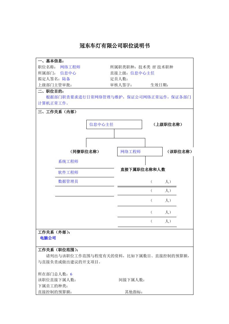 冠东车灯公司信息中心网络工程师职位说明书