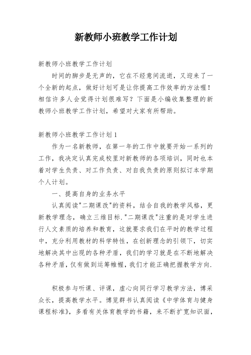 新教师小班教学工作计划