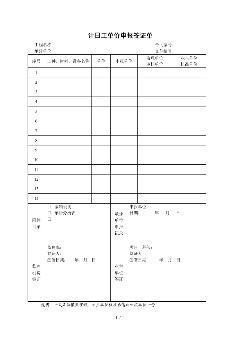 计日工单价申报签证单