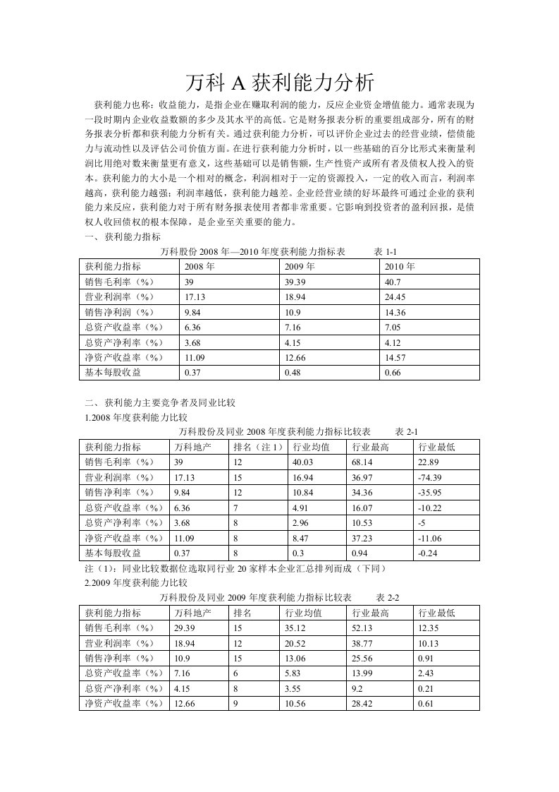 万科A获利能力分析.