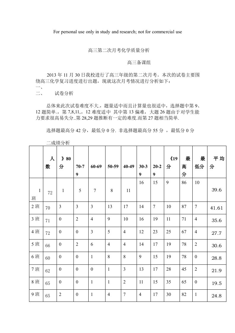 高三第三次月考化学质量分析