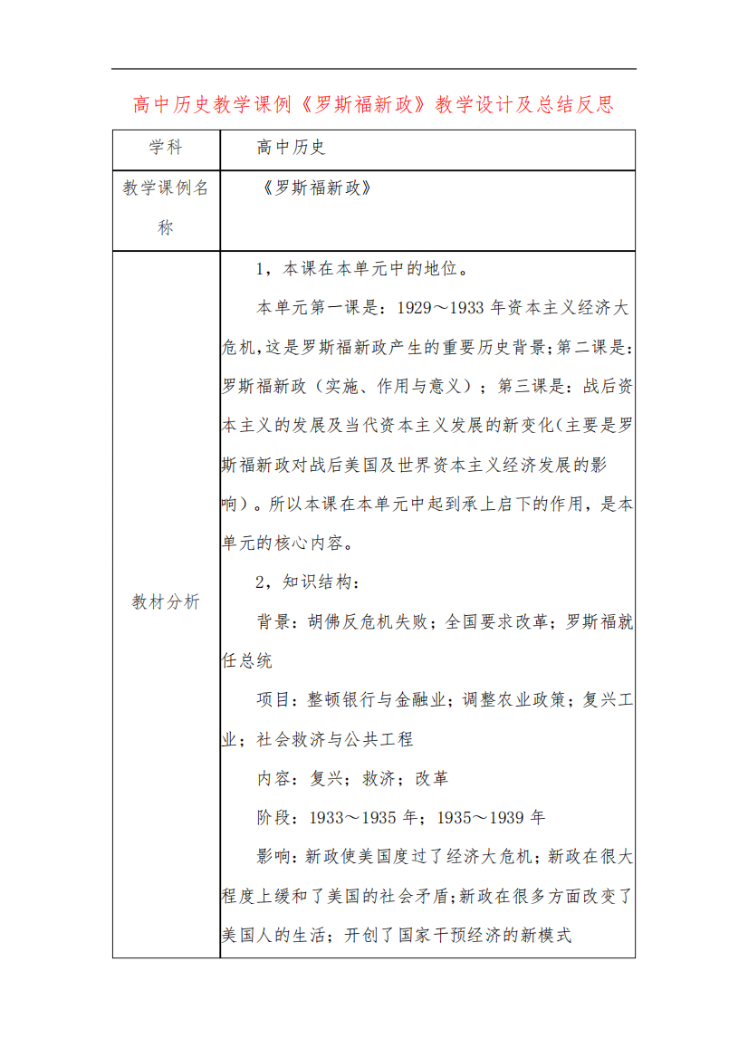 高中历史教学课例《罗斯福新政》课程思政核心素养教学设计及总结反思精品