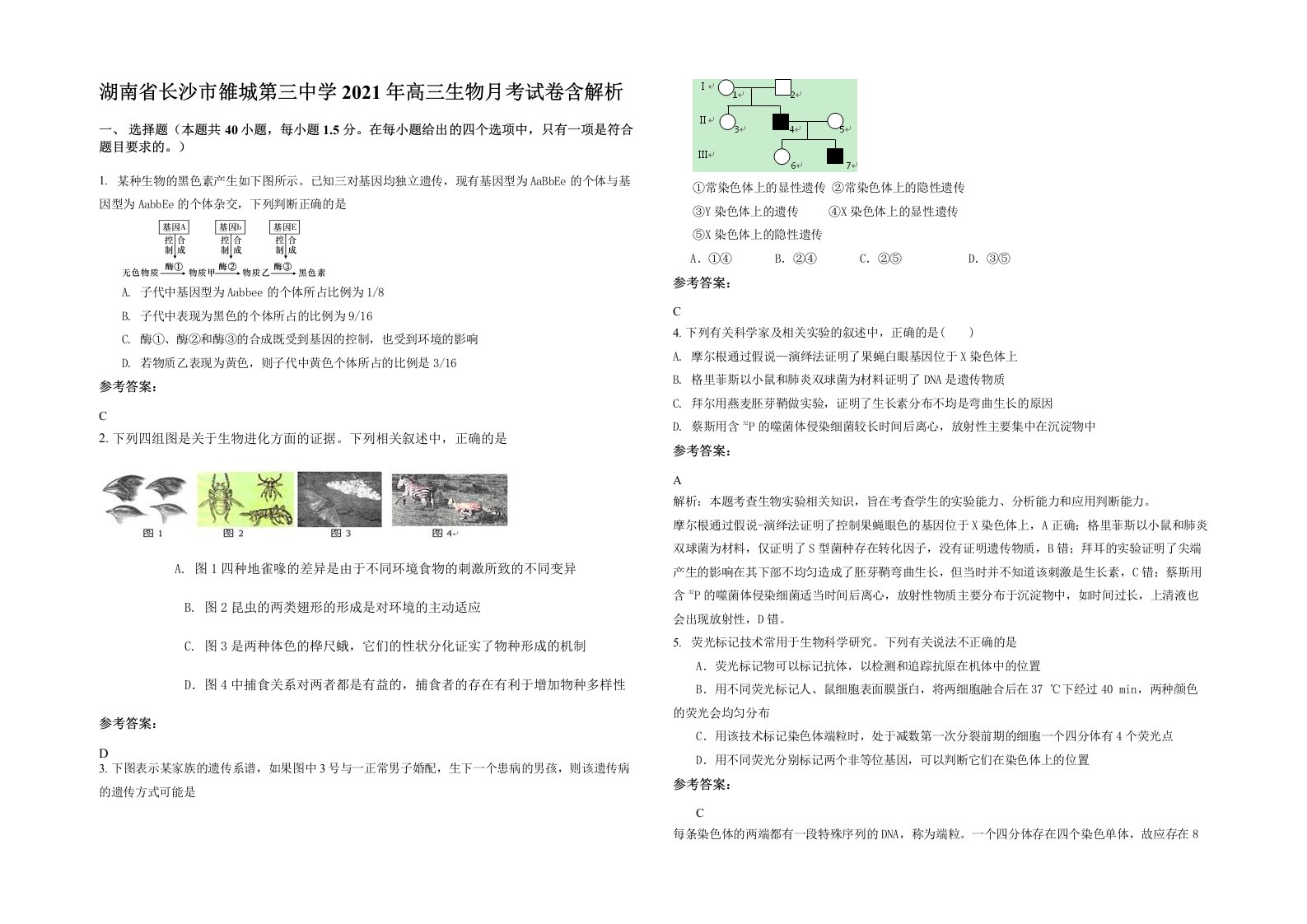 湖南省长沙市雒城第三中学2021年高三生物月考试卷含解析