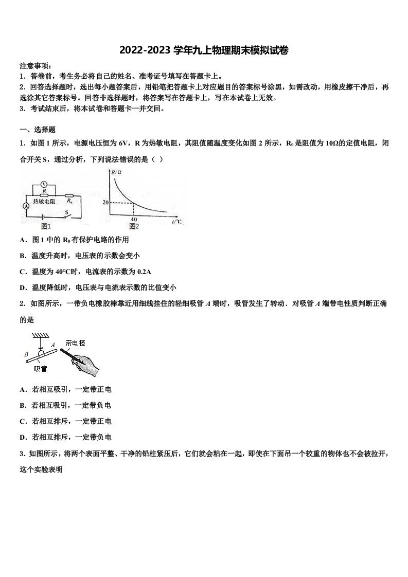 2022年山东省泰安市南关中学物理九年级第一学期期末学业水平测试试题含解析