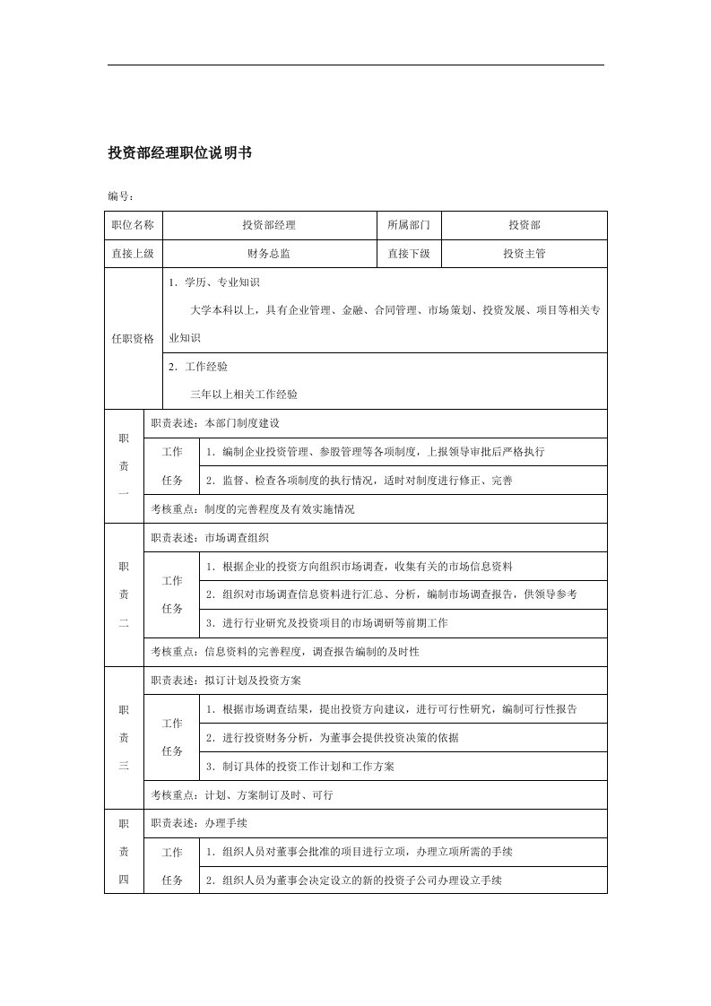 【管理精品】投资部经理职位说明书