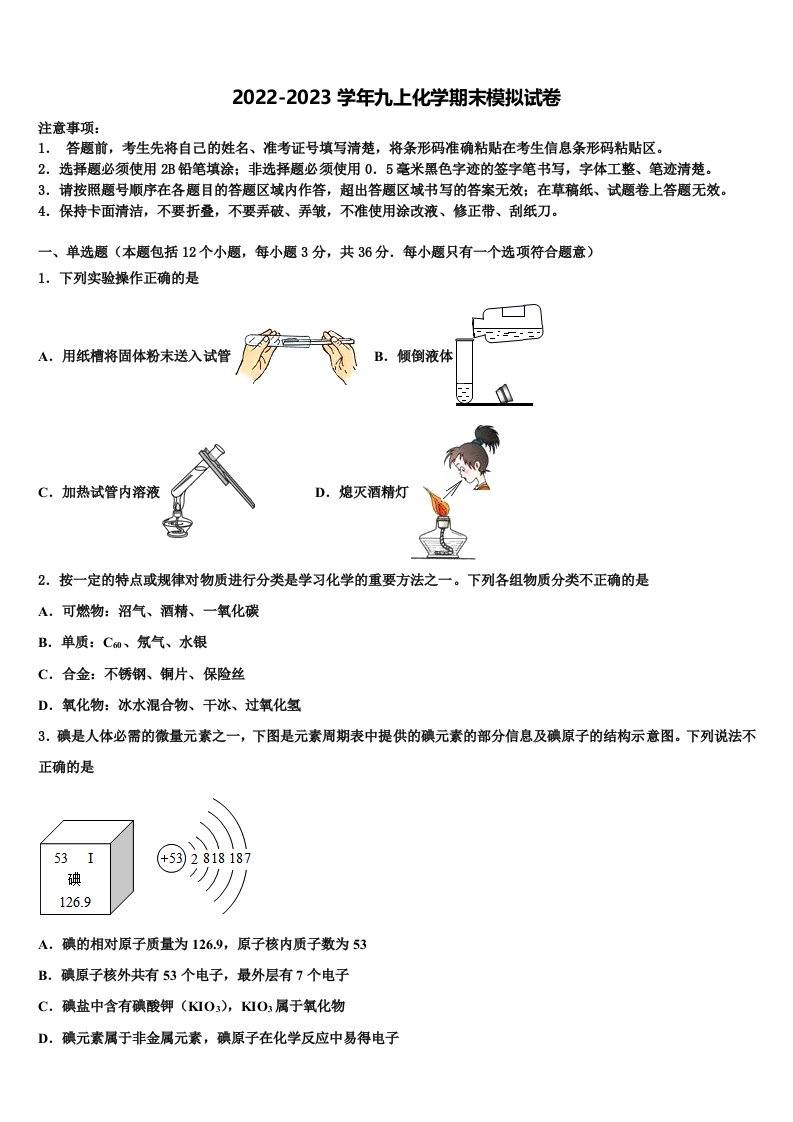 内蒙古呼和浩特实验中学2022年九年级化学第一学期期末质量跟踪监视试题含解析