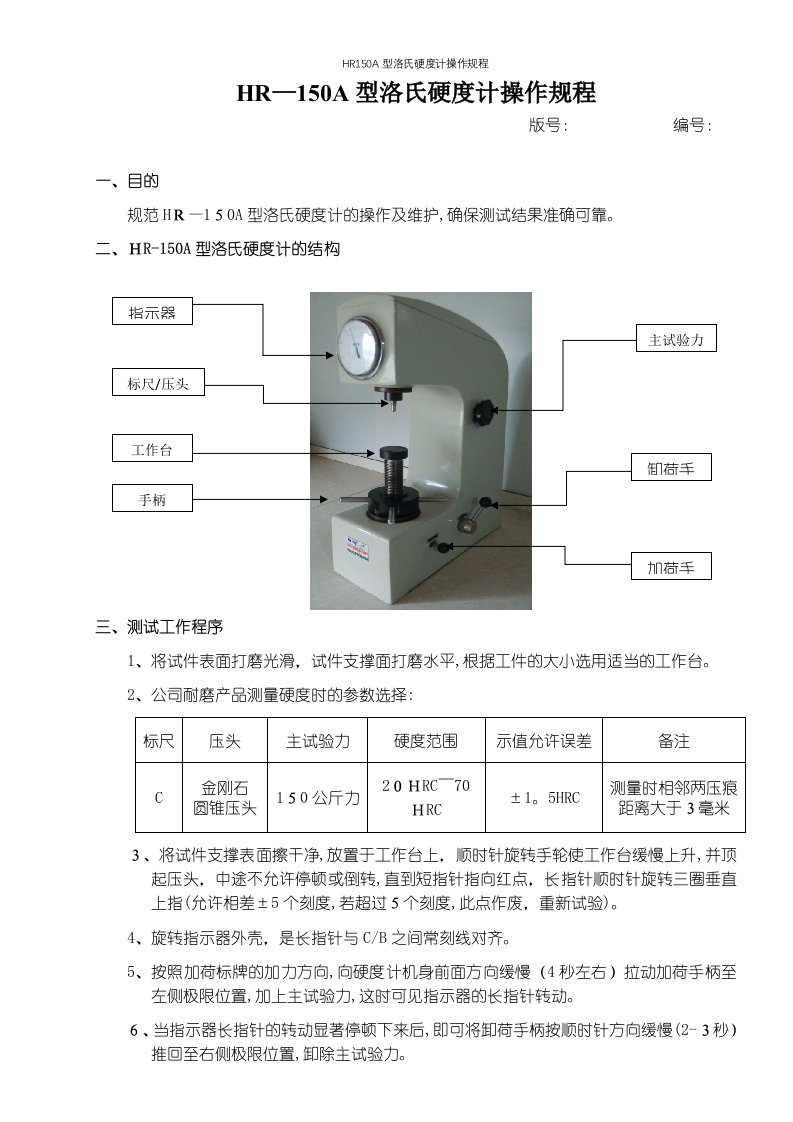 HR150A型洛氏硬度计操作规程