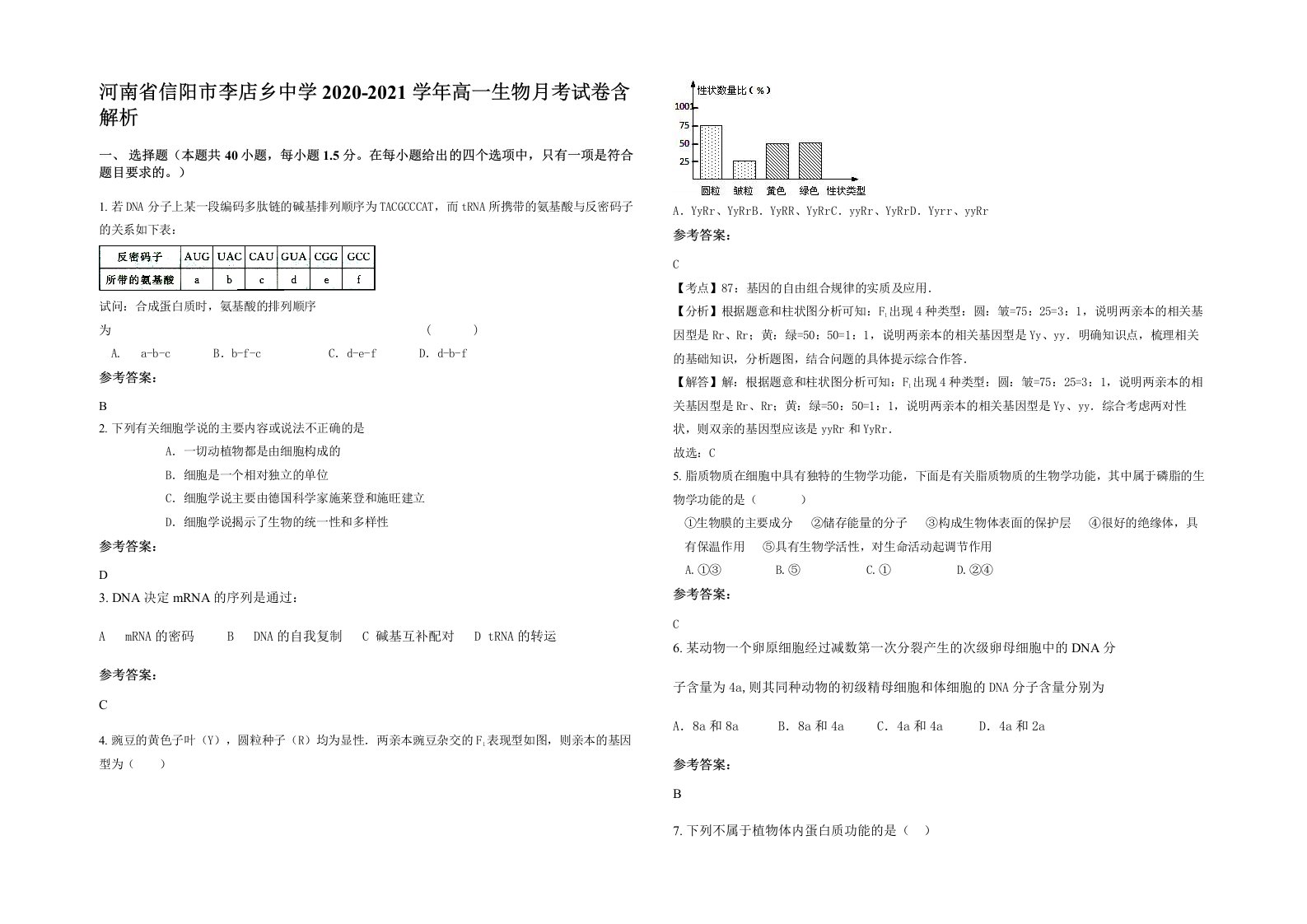 河南省信阳市李店乡中学2020-2021学年高一生物月考试卷含解析