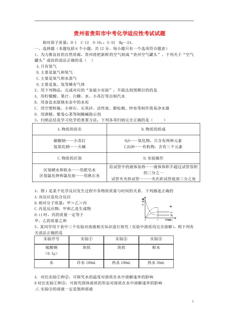 贵州省贵阳市中考化学适应性考试试题