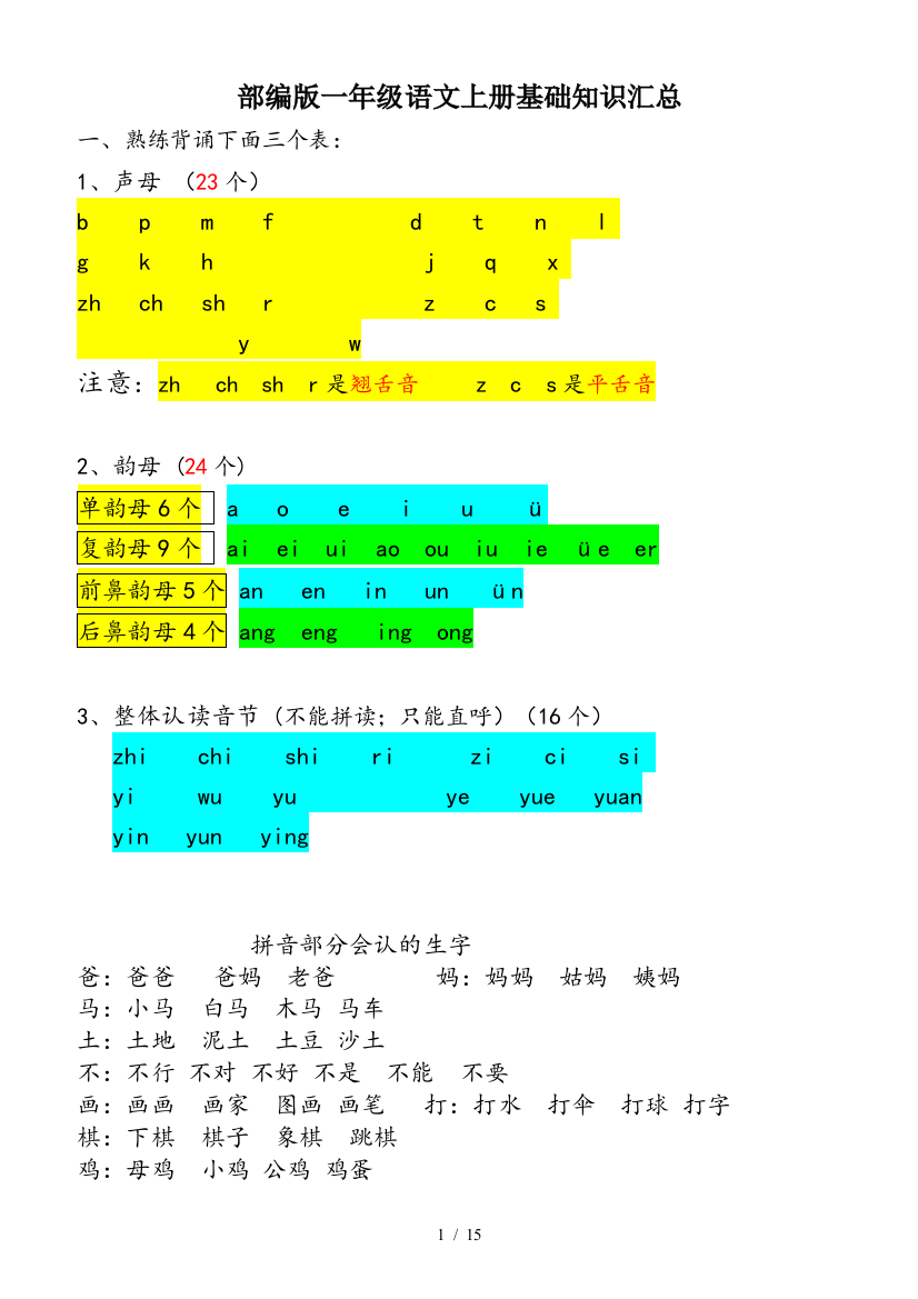 部编版一年级语文上册基础知识汇总