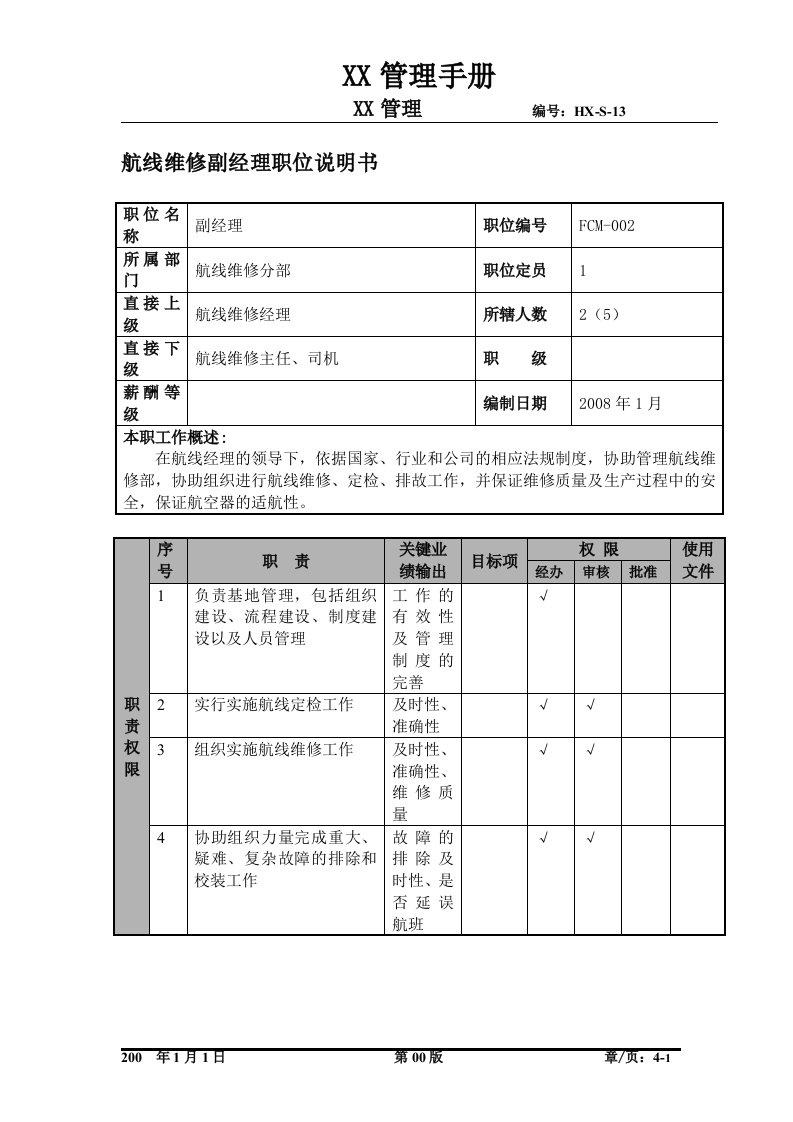 物流公司航线维修副经理职位说明书及关键绩效标准