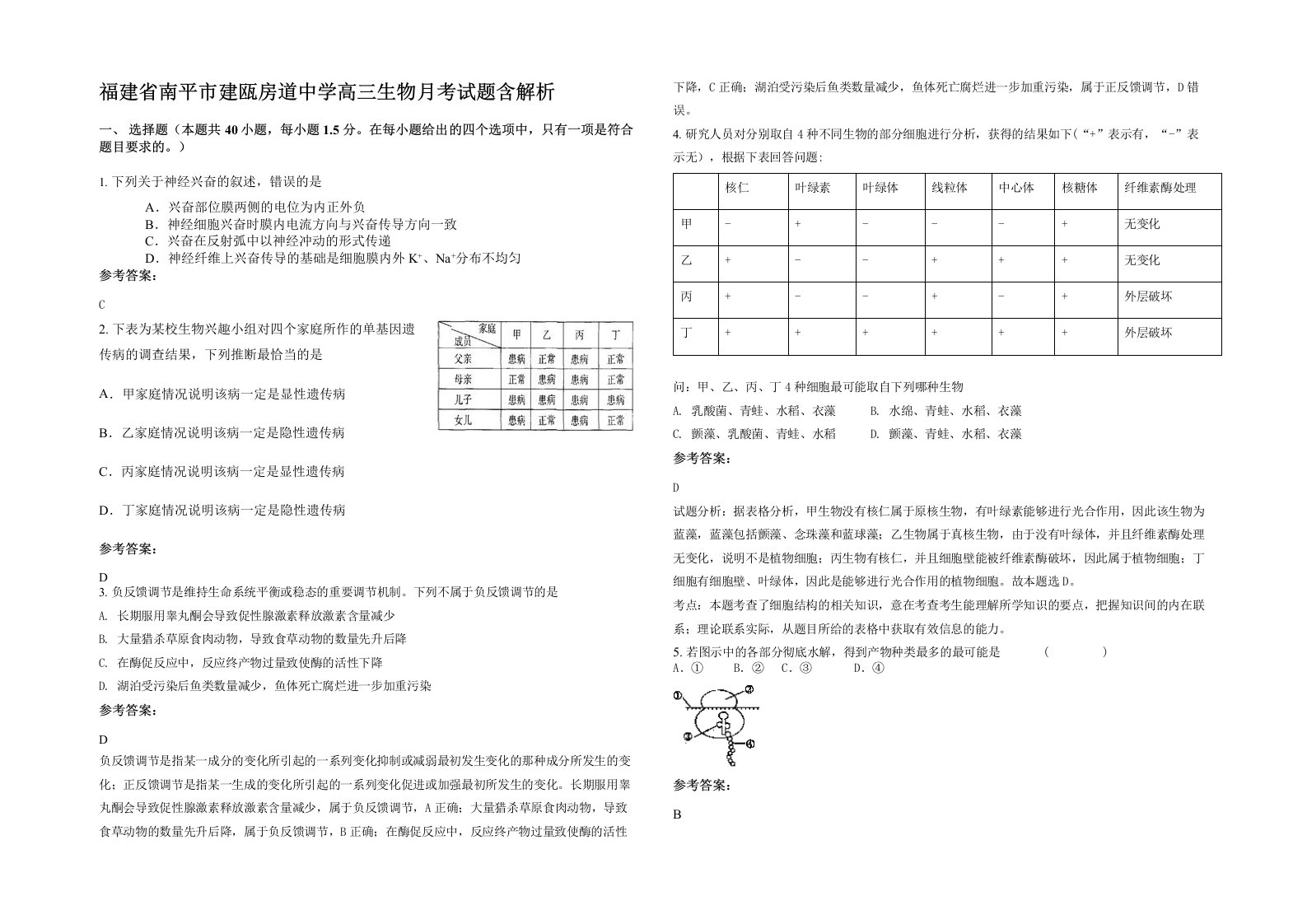 福建省南平市建瓯房道中学高三生物月考试题含解析