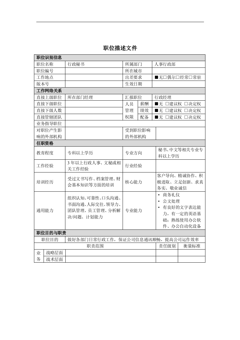 行政秘书岗位说明书