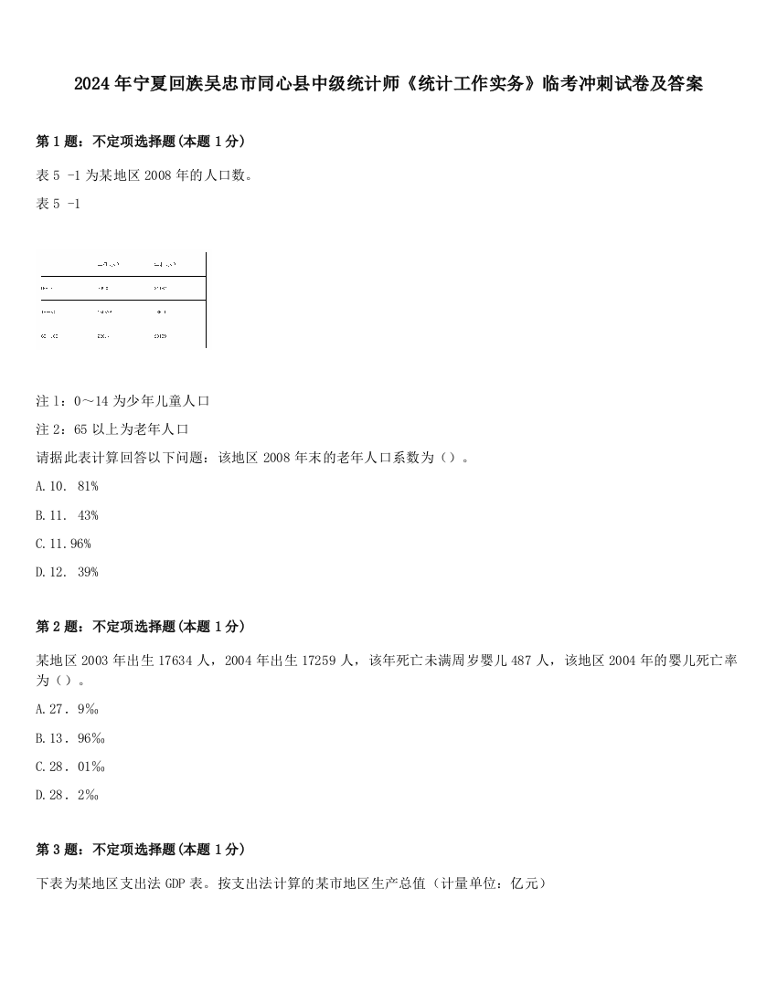 2024年宁夏回族吴忠市同心县中级统计师《统计工作实务》临考冲刺试卷及答案