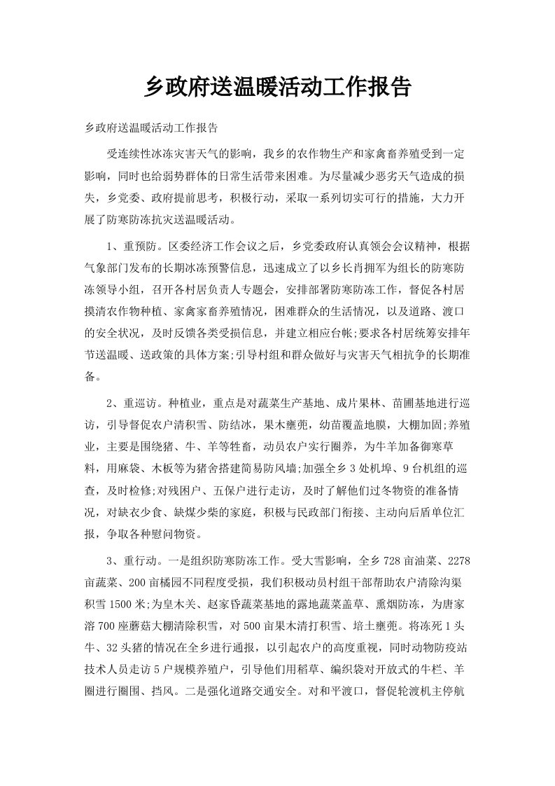 乡政府送温暖活动工作报告范文