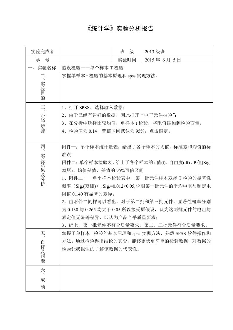 SPSS单个样本T检验实验报告(一)