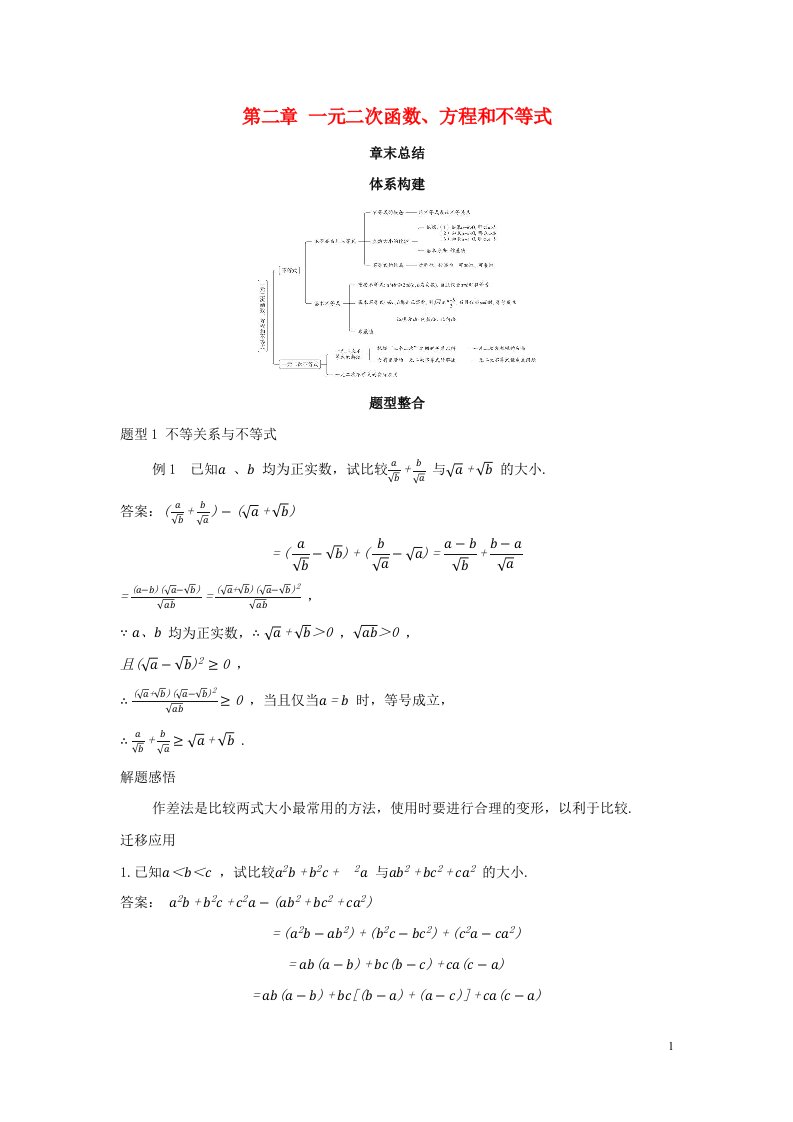 2022版新教材高中数学第二章一元二次函数方程和不等式章末总结学案新人教A版必修第一册