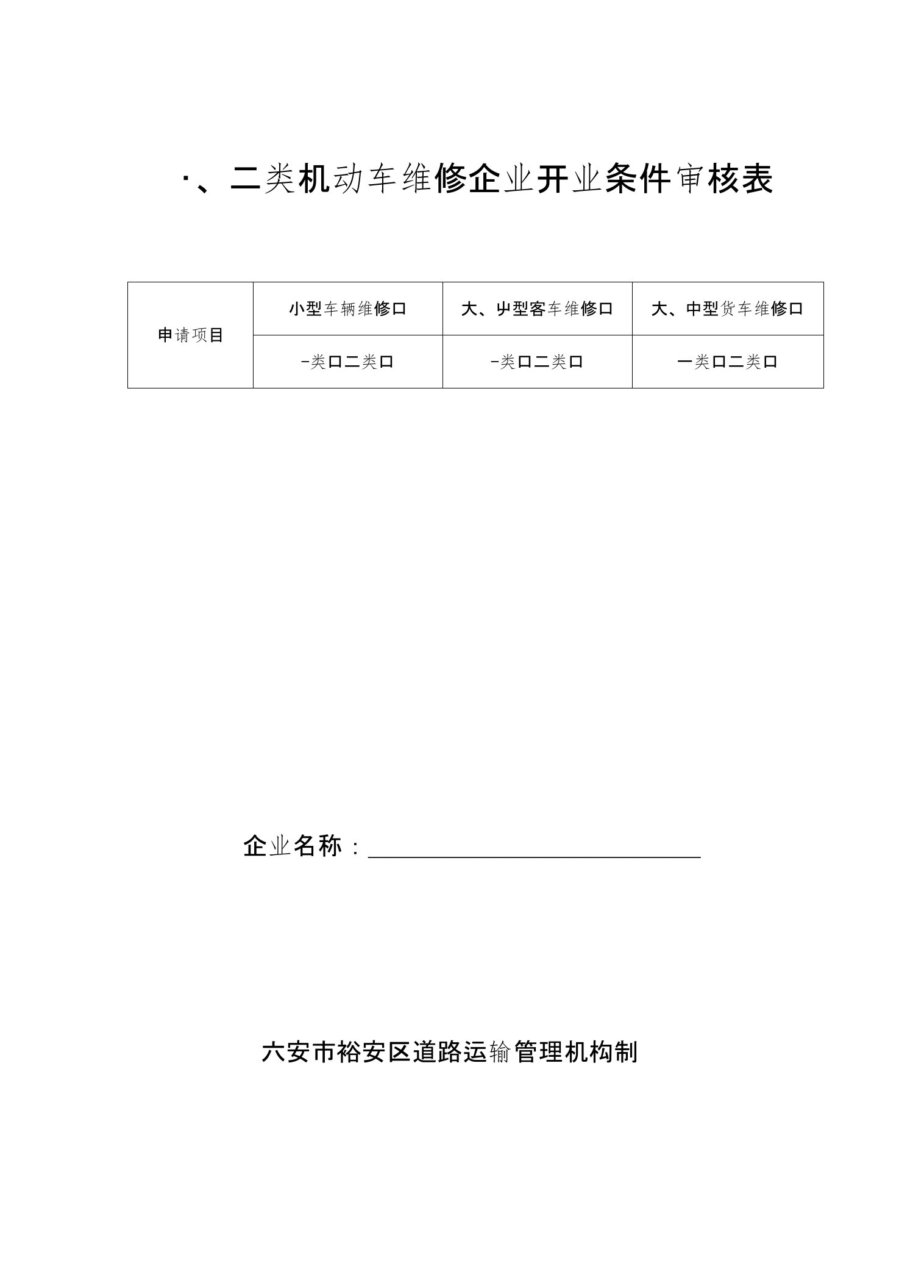 一、二类机动车维修企业开业条件审核表