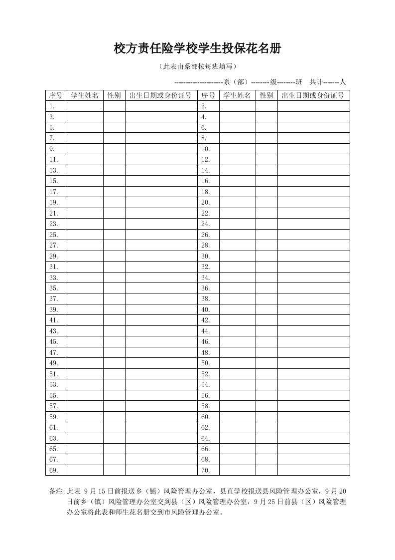 校方责任险学校学生投保花名册