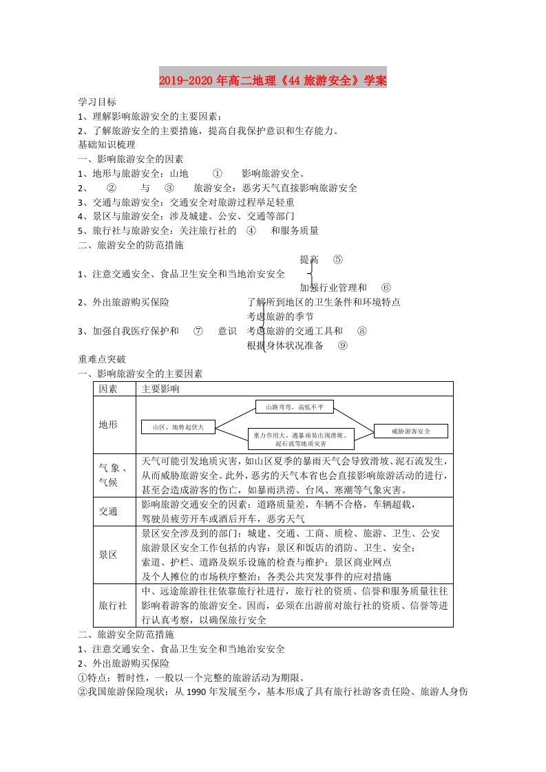 2019-2020年高二地理《44旅游安全》学案