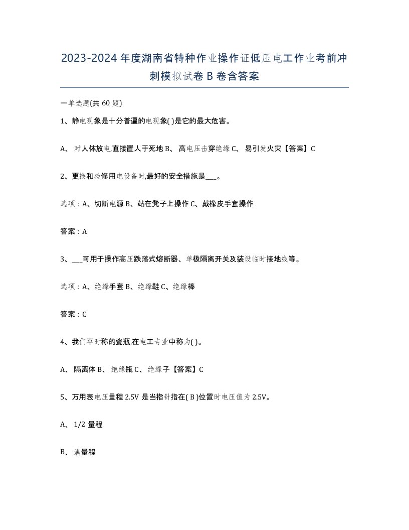 2023-2024年度湖南省特种作业操作证低压电工作业考前冲刺模拟试卷B卷含答案