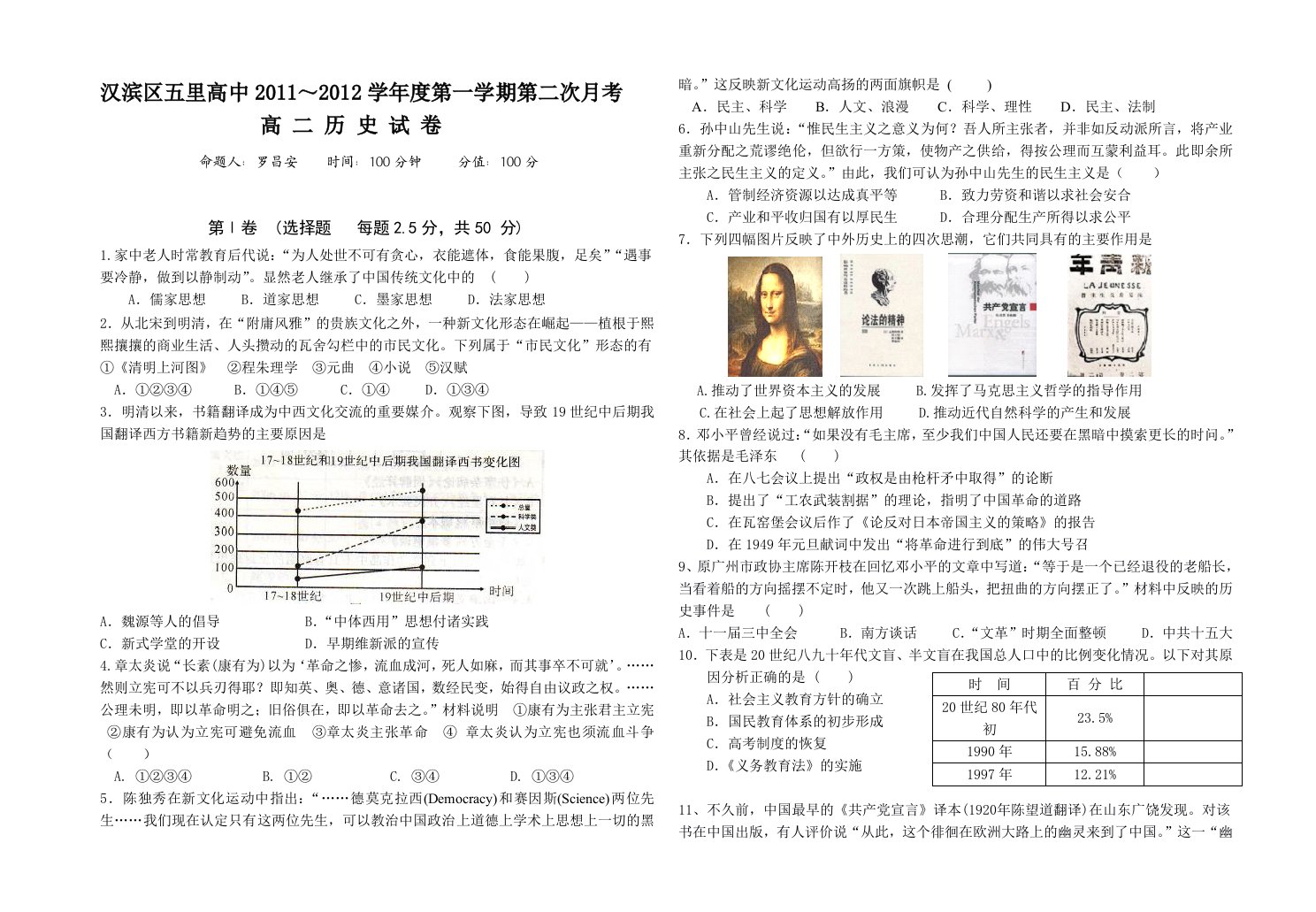 汉滨区五里高中2011～2012学年度第