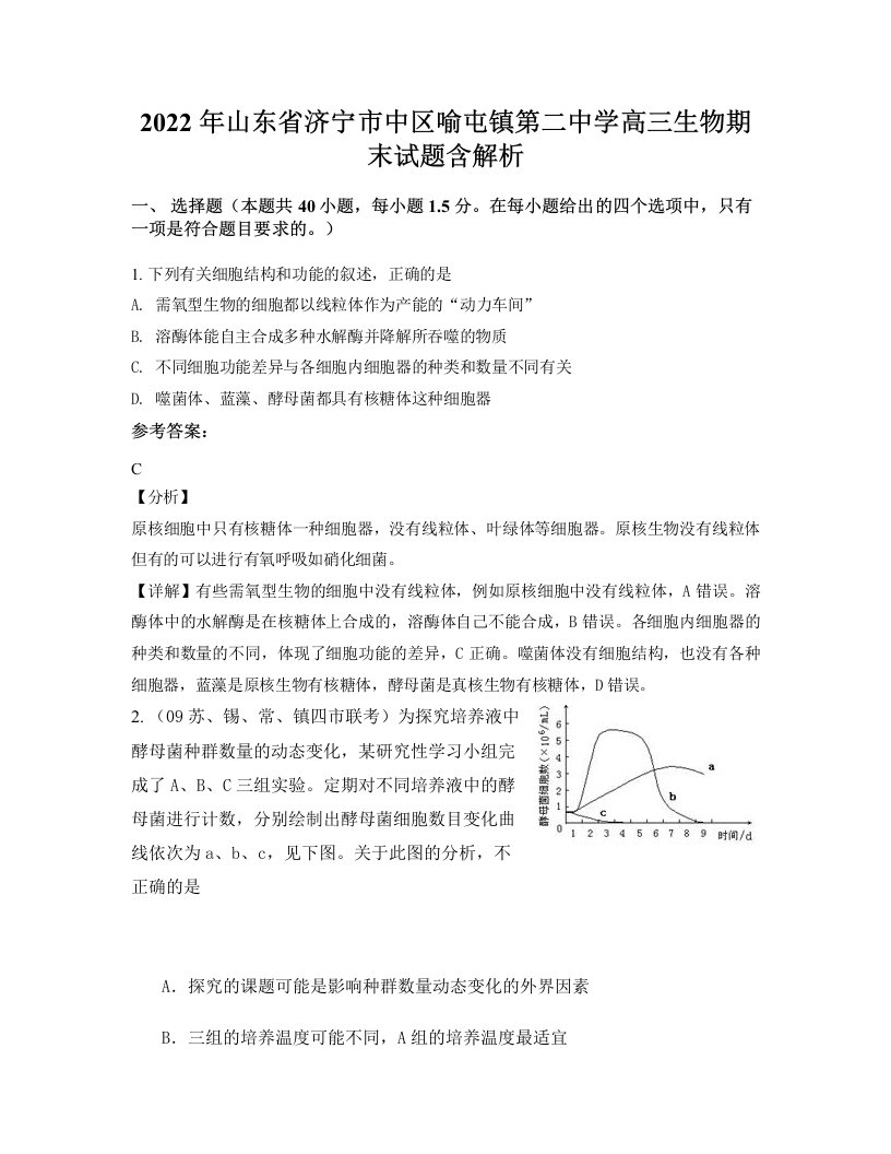 2022年山东省济宁市中区喻屯镇第二中学高三生物期末试题含解析