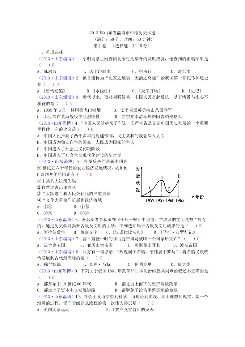 2013年山东省淄博市中考历史试题