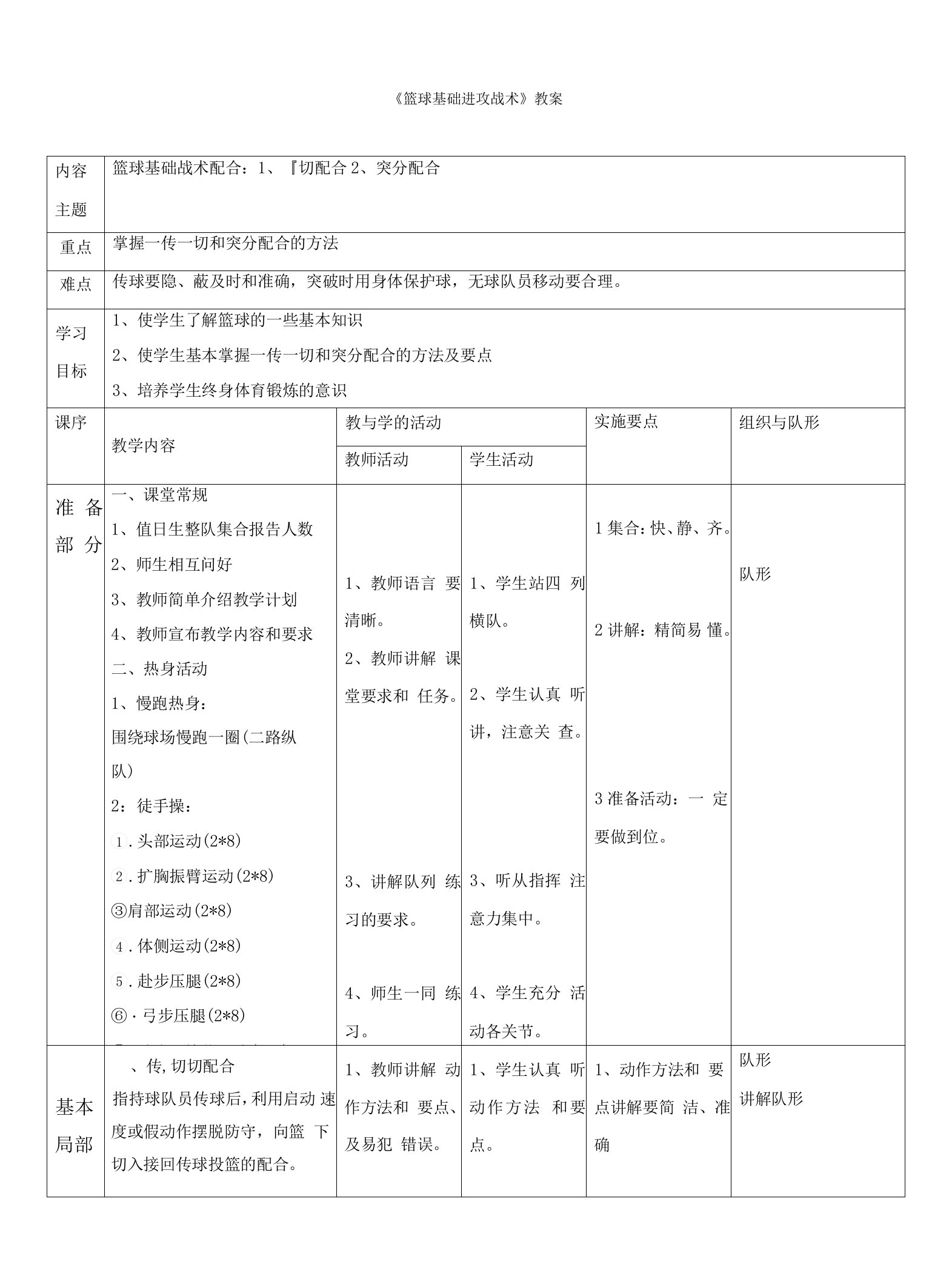 《篮球基础进攻战术》教案三篇