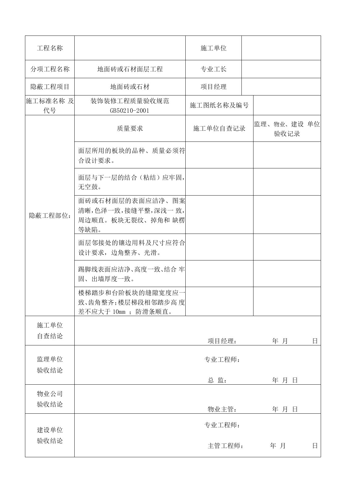 装饰装修工程隐蔽工程验收记录