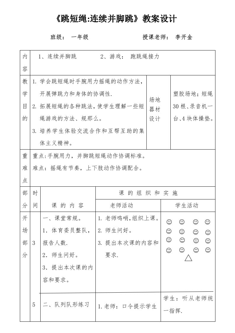 《跳短绳：连续并脚跳》教案设计