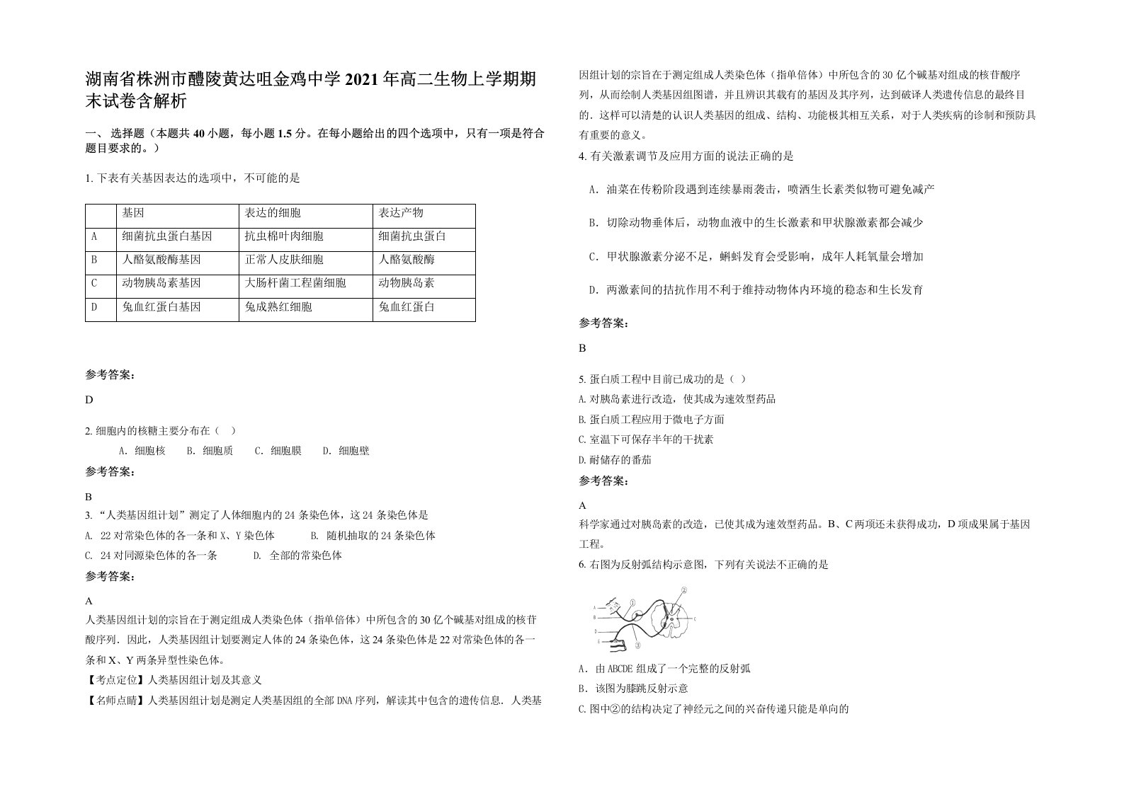 湖南省株洲市醴陵黄达咀金鸡中学2021年高二生物上学期期末试卷含解析