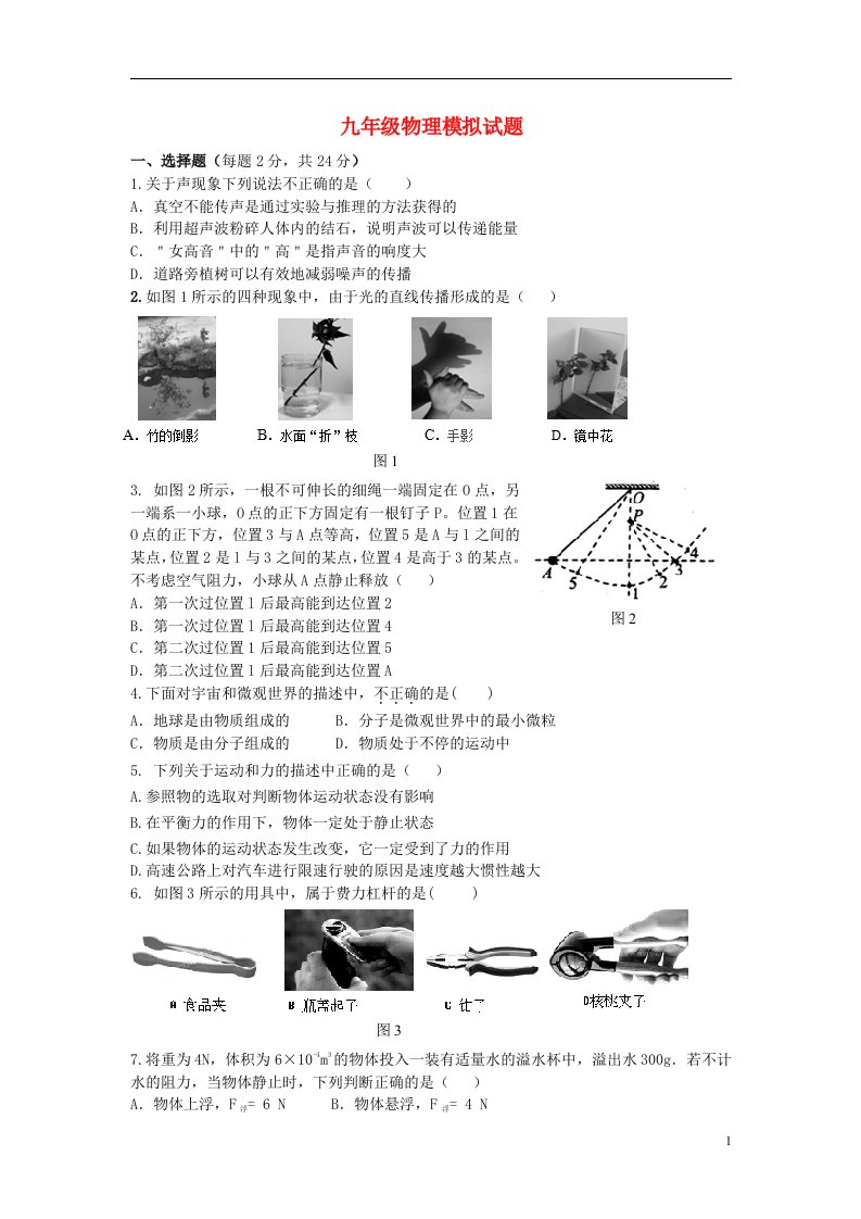 山东省枣庄市九级物理上学期模拟联考试题