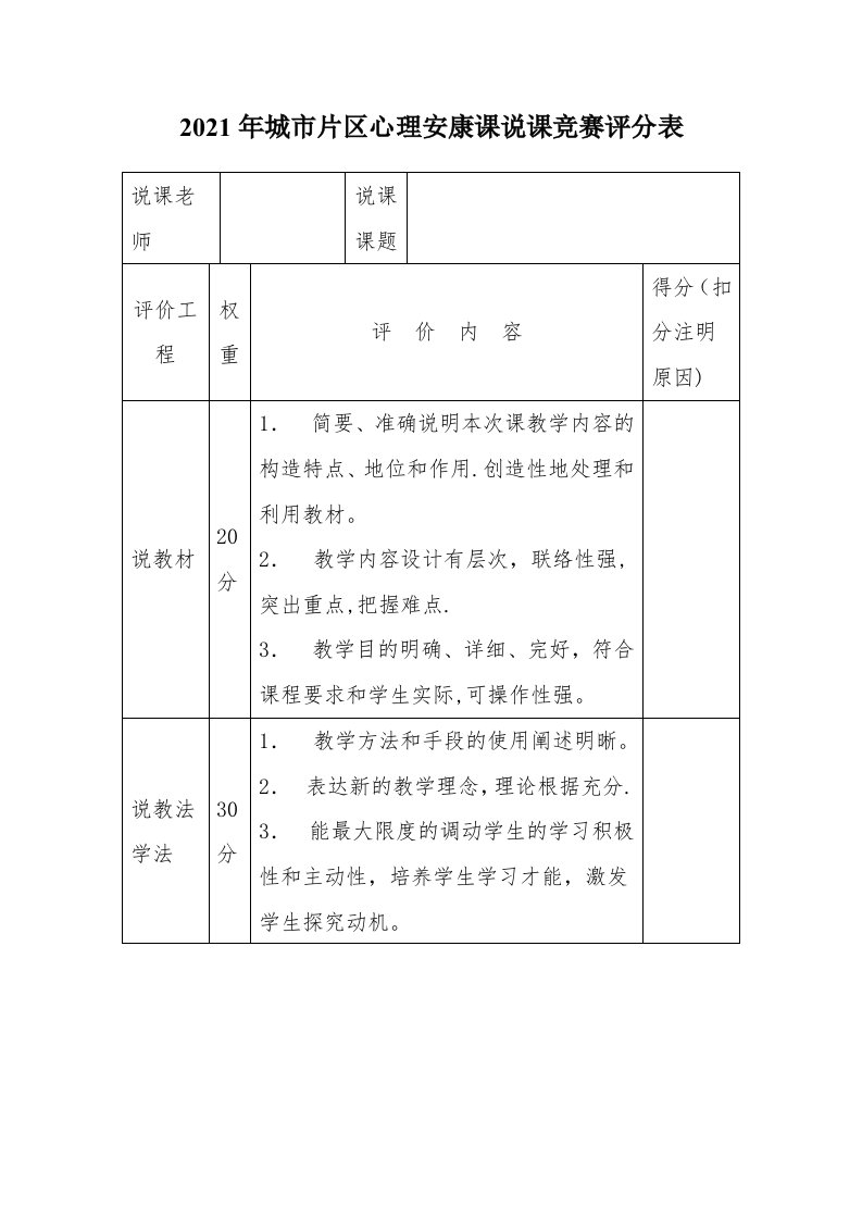 青年教师说课竞赛评分表