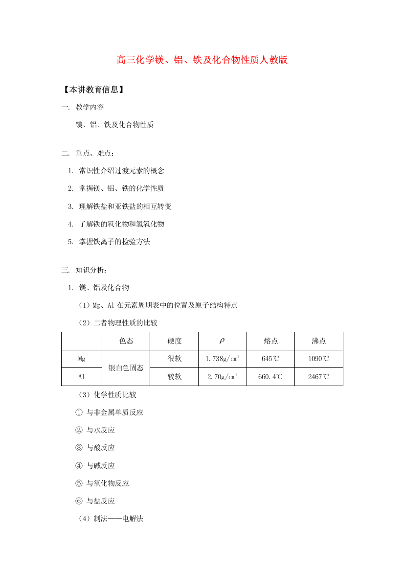 高三化学镁、铝、铁及化合物性质人教版知识精讲