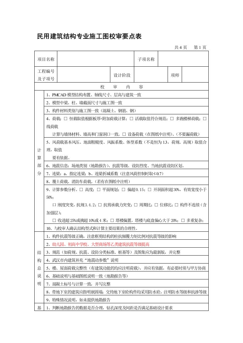 民用建筑结构专业施工图校审要点表