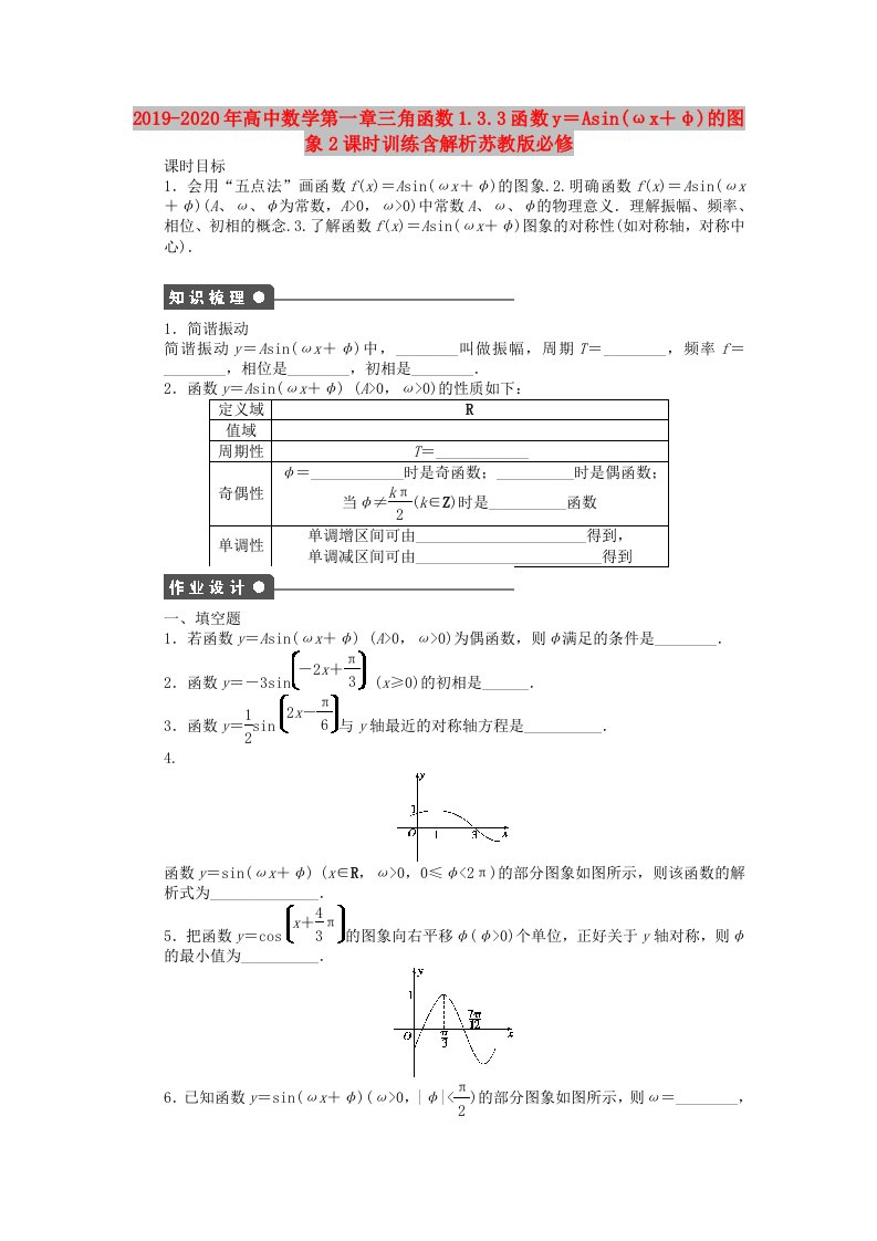 2019-2020年高中数学第一章三角函数1.3.3函数y＝Asin(ωx＋φ)的图象2课时训练含解析苏教版必修