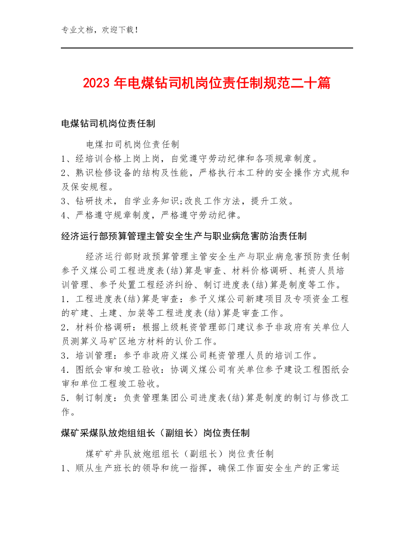 2023年电煤钻司机岗位责任制规范二十篇