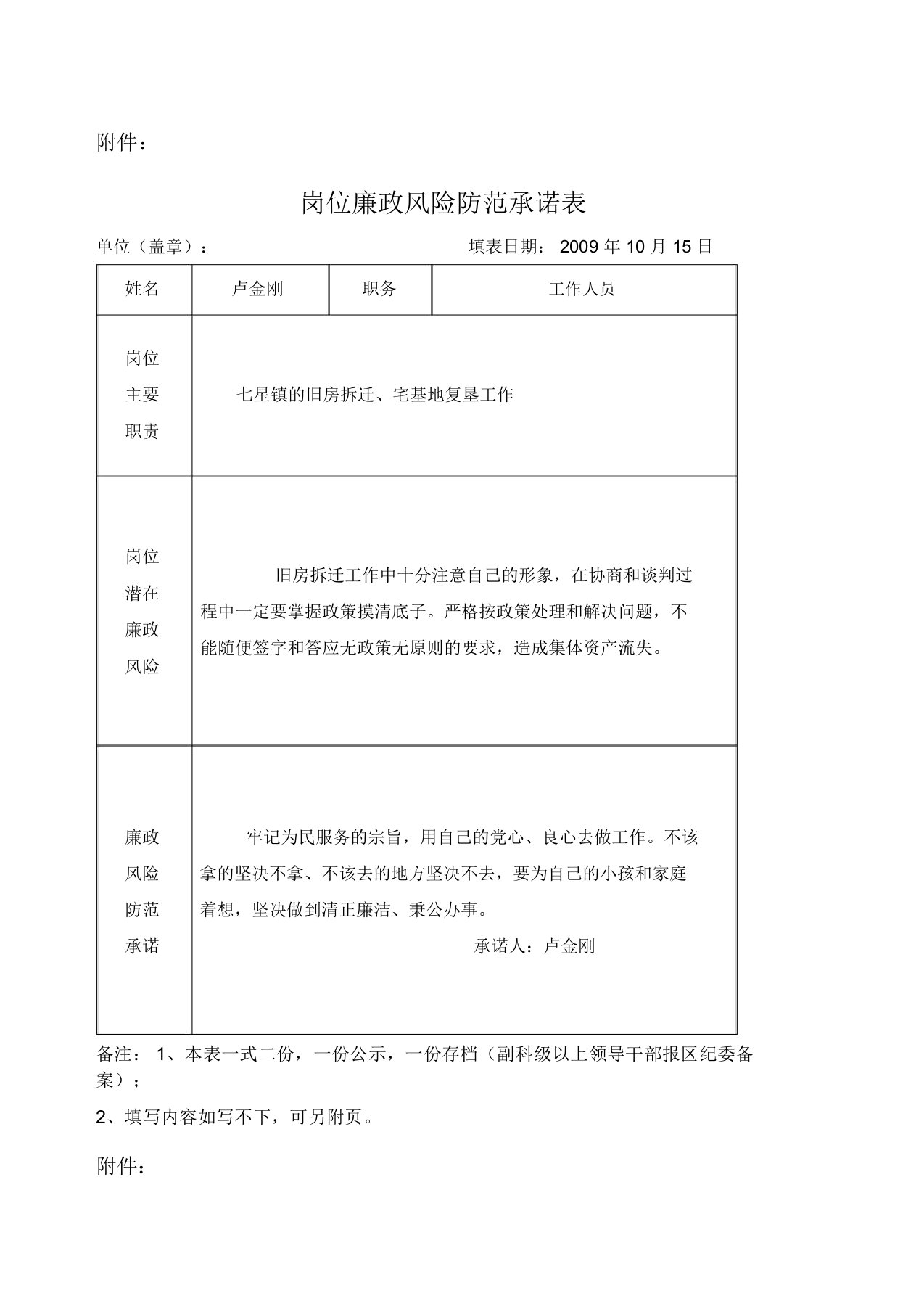 岗位廉政风险防范承诺表