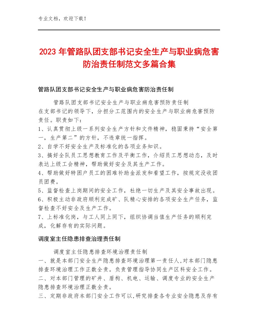 2023年管路队团支部书记安全生产与职业病危害防治责任制范文多篇合集