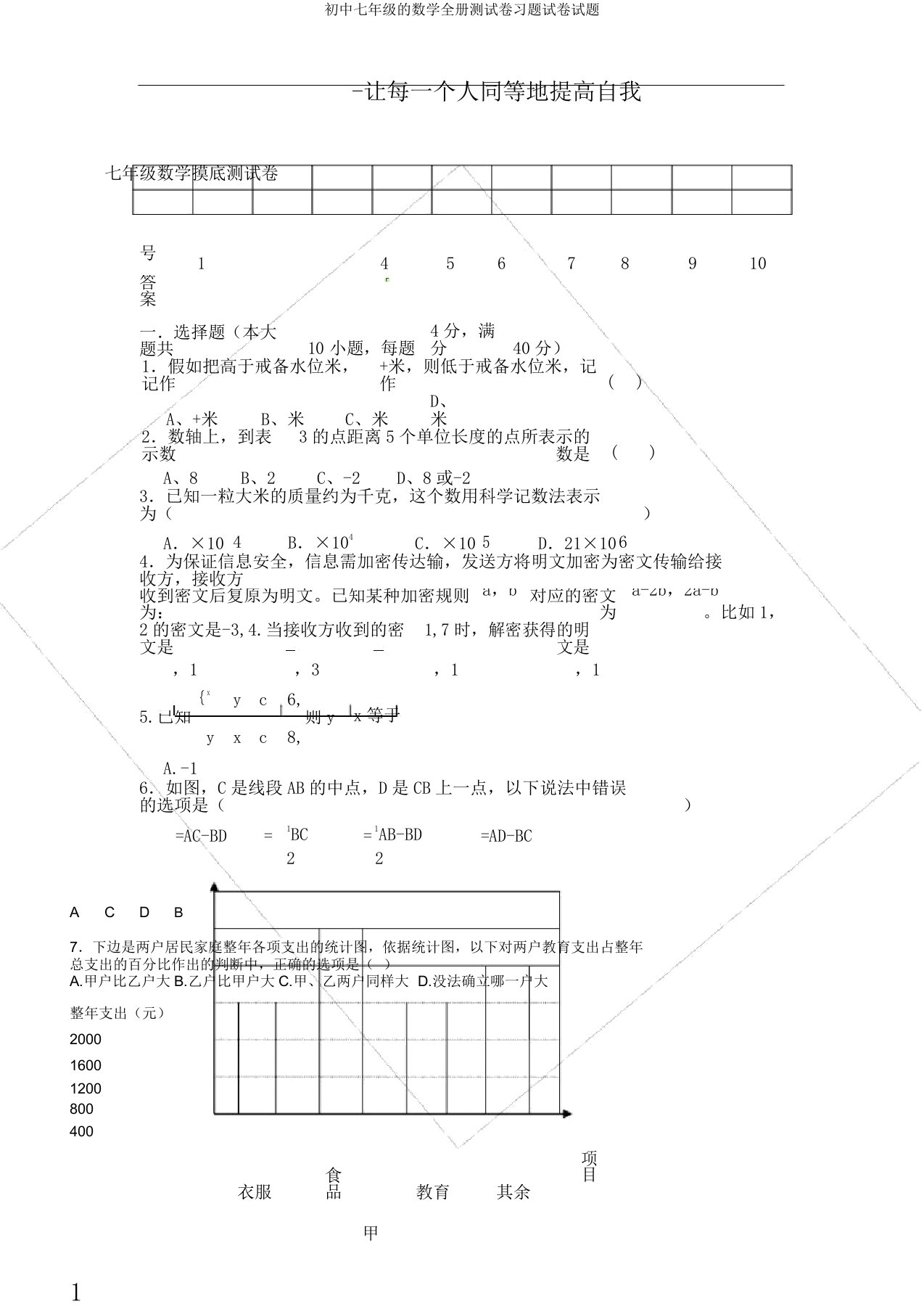 初中七年级的数学全册测试卷习题试卷试题