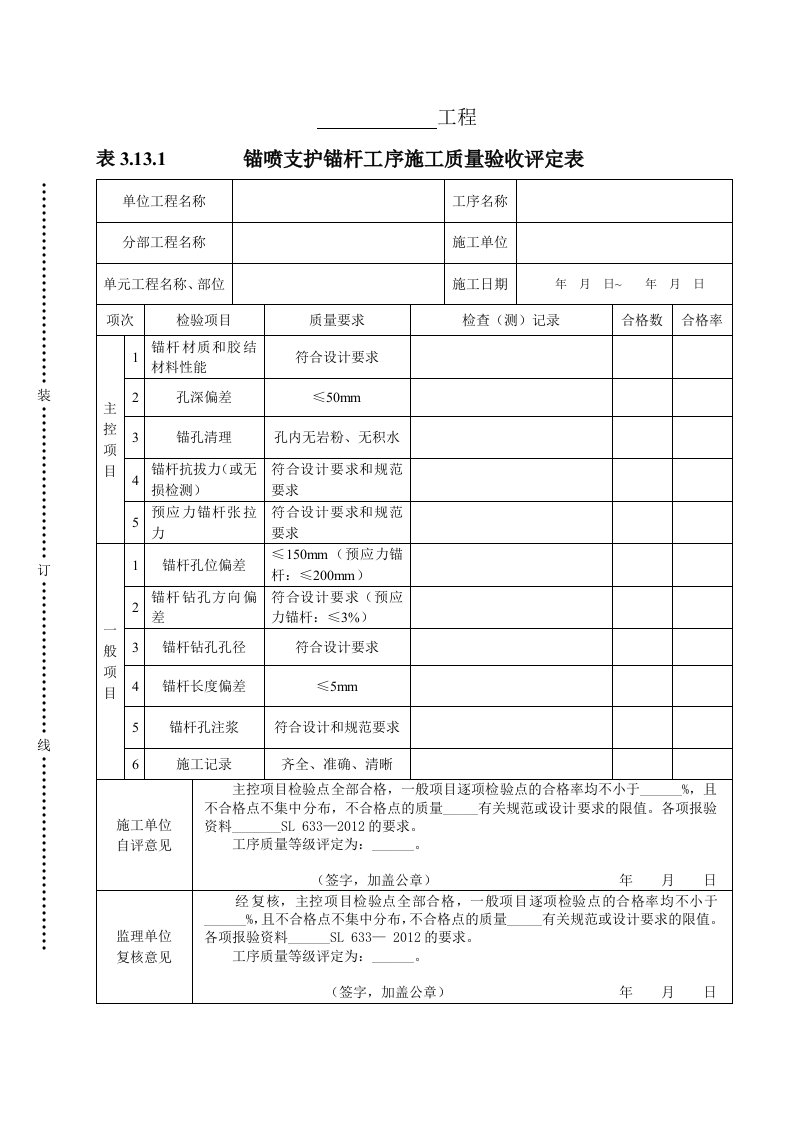 工程资料-表3131锚喷支护锚杆工序施工质量验收评定表