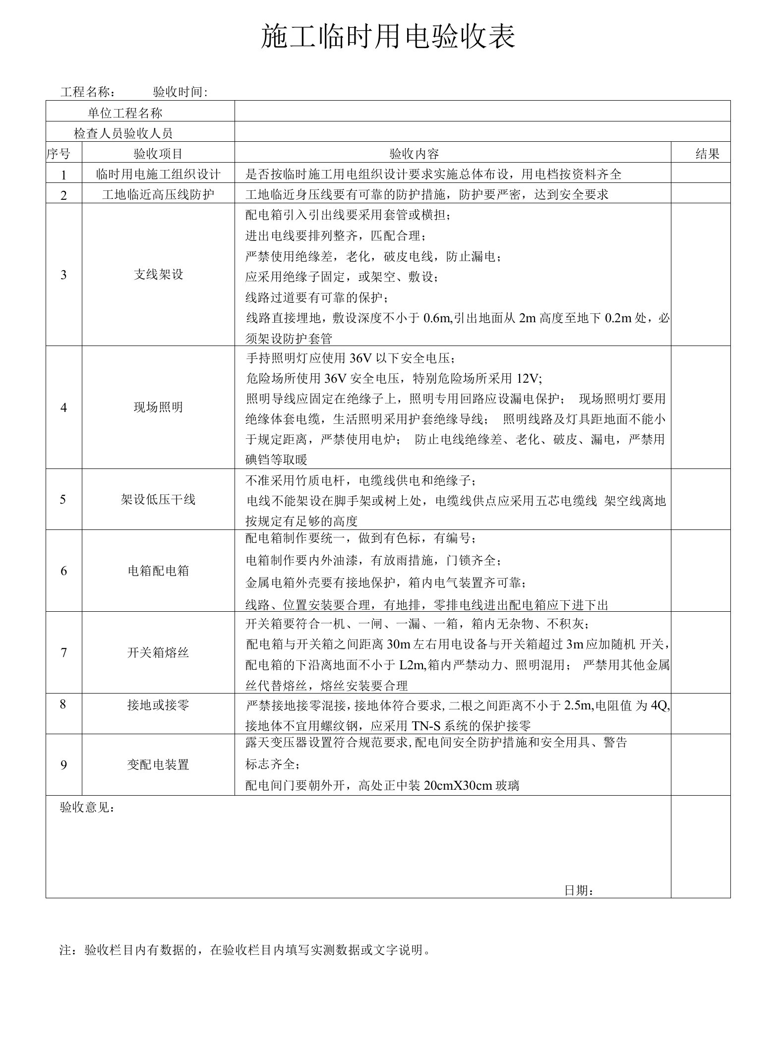 施工临时用电验收表