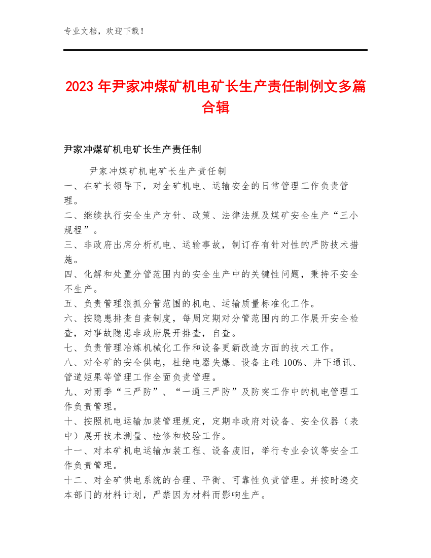 2023年尹家冲煤矿机电矿长生产责任制例文多篇合辑