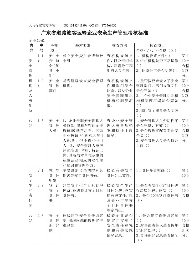 道路旅客运输企业安全生产管理考核标准