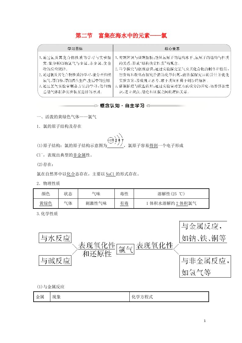 2021_2022学年高中化学第四章非金属及其化合物第二节富集在海水中的元素__氯学案新人教版必修1