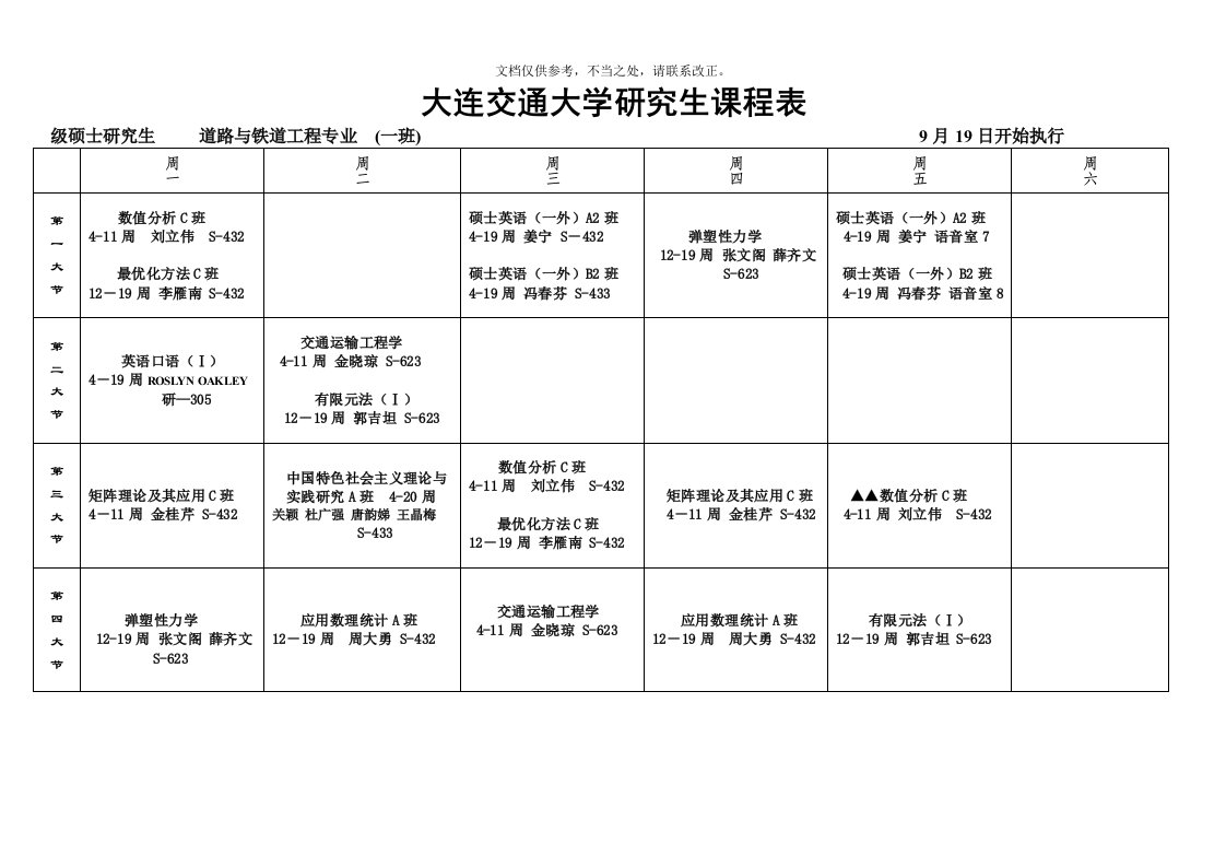 大连交通大学级研究生课程表