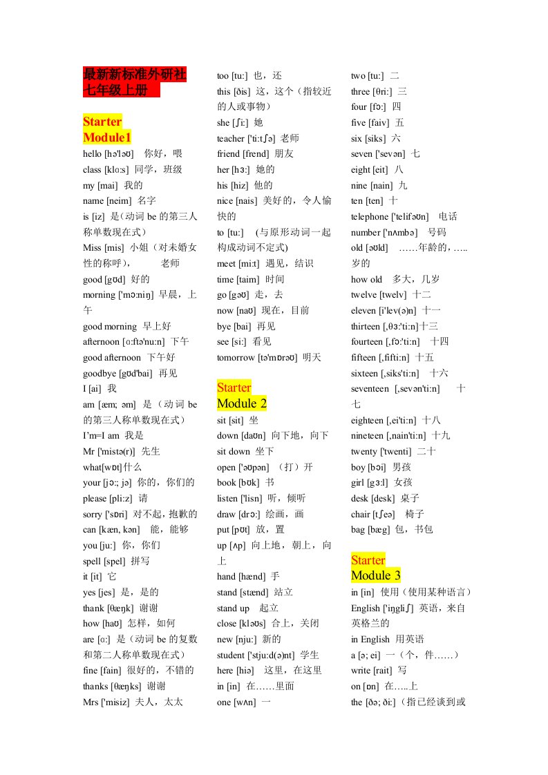 最新新标准外研社七年级上册词汇(StarterModule)