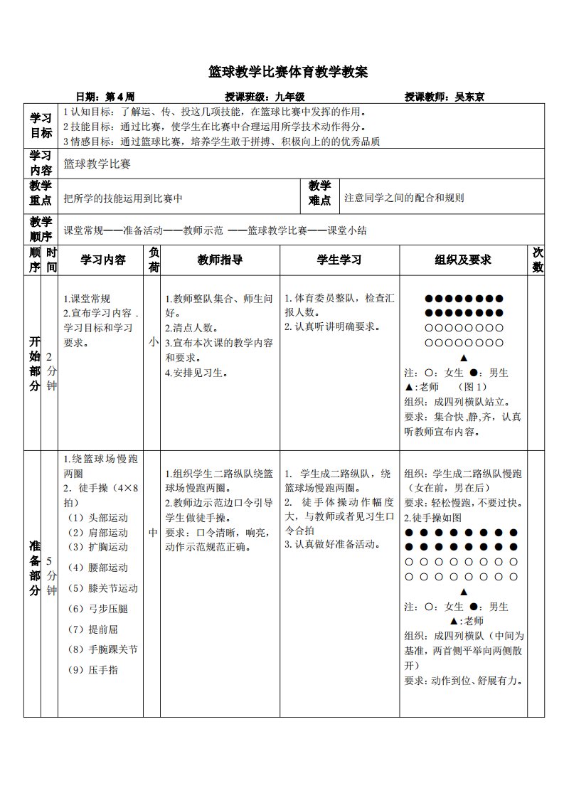 九年级篮球比赛教学体育教学教案(吴东京)第4周