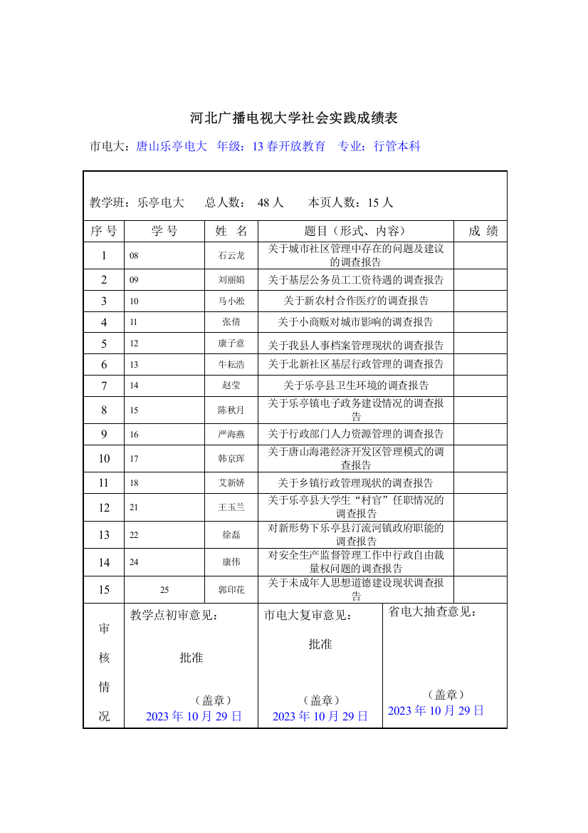 2023年河北广播电视大学社会实践成绩表